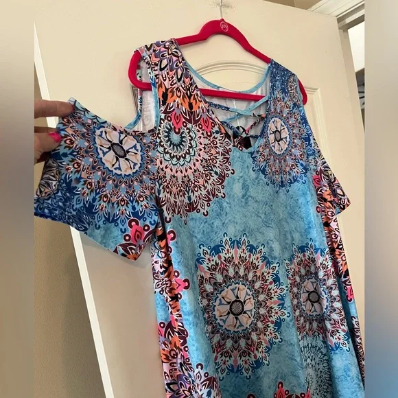 New! Blue Time Brand Summer Cold Shoulder Short Sleeve Dress Sz 3X - Picture 8 of 16